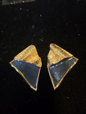 Gold Tone Blue Enamel Geometric Women's Earrings